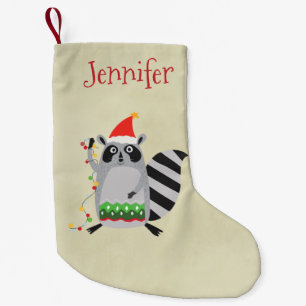 Racoon In Santa Hat Tangled Up In Xmas Lights Small Christmas Stocking