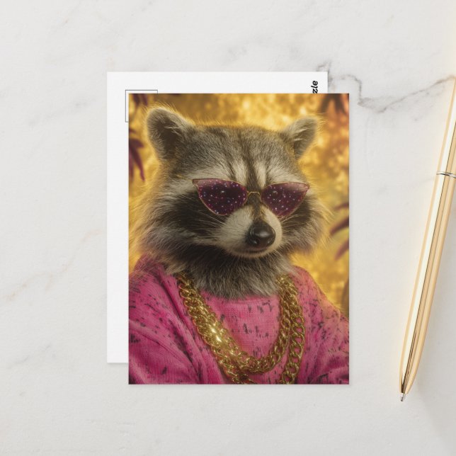 Racoon in Sunglasses and Gold Chains Postcard (Front/Back In Situ)