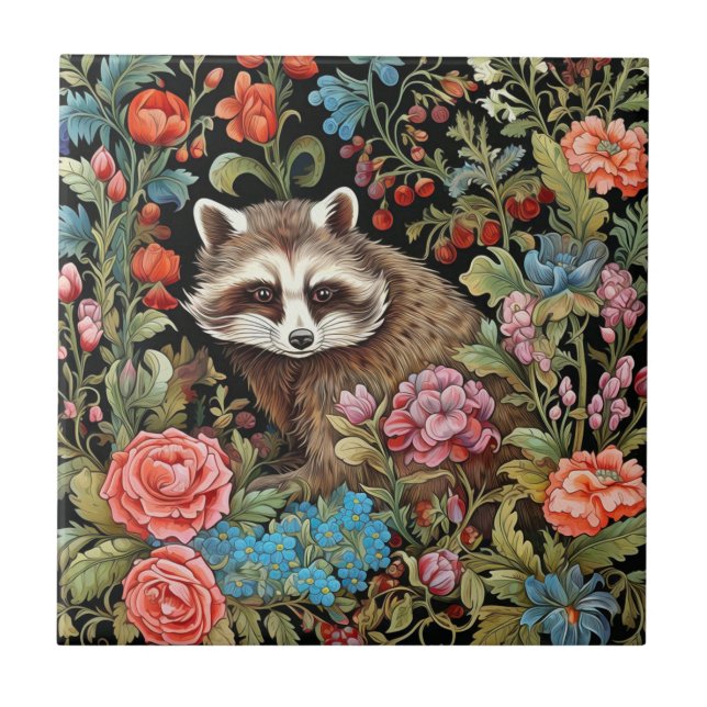 Racoon in the garden inspired by William Morris Tile (Front)