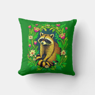 Racoon in the Middle of Wildflower Garden Cushion