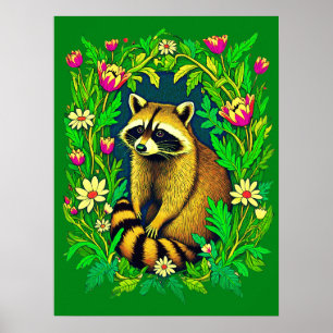 Racoon in the Middle of Wildflower Garden Poster