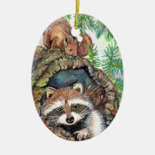 Racoon In The Tree Hole With Squirrel Ceramic Tree Decoration