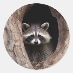 Racoon in Tree Cave  Classic Round Sticker