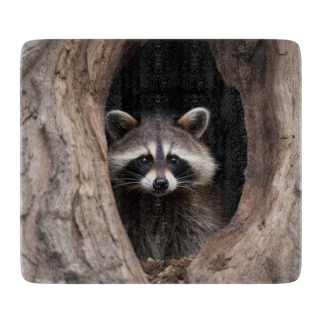Racoon in Tree Cave Glass Cutting Board (Front)