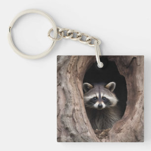 Racoon in Tree Cave  Key Ring