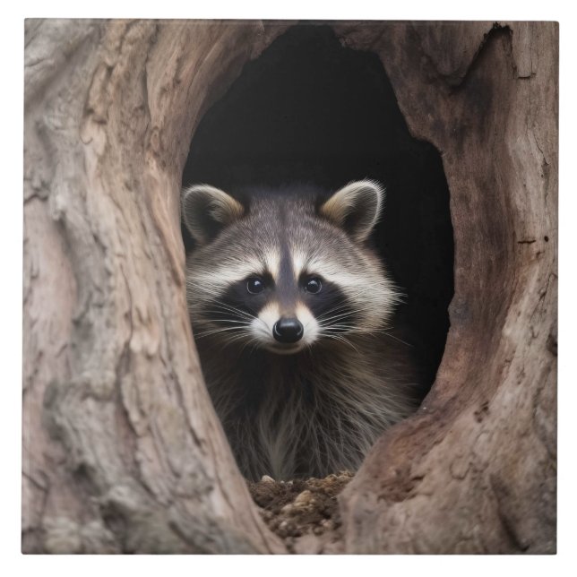Racoon in Tree Cave  Tile (Front)