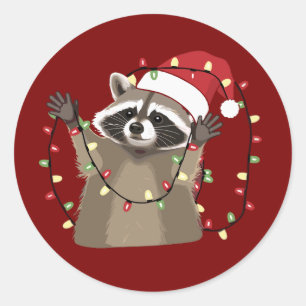 Racoon Lover Christmas Lights Animal Santa Hat  Classic Round Sticker