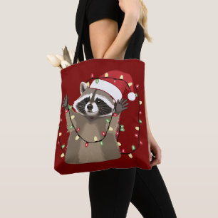 Racoon Lover Christmas Lights Animal Santa Hat Tote Bag