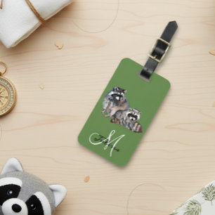 Racoon Lover Monogram Watercolor Luggage Tag