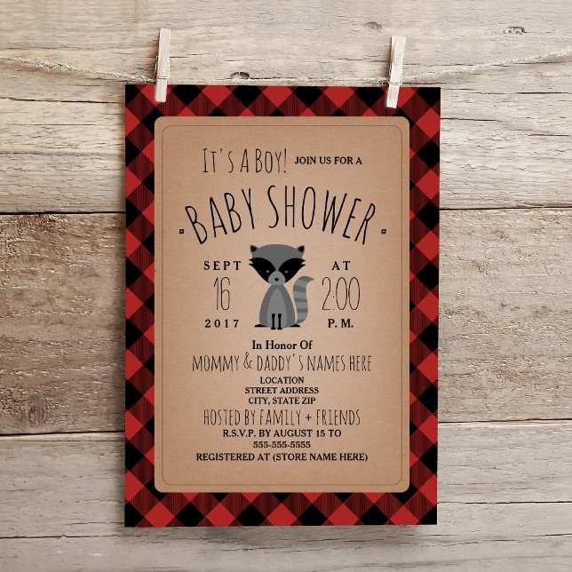 Racoon Lumberjack Plaid Baby Shower Invitation (Creator Uploaded)