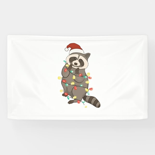 Racoon Merry Christmas Lights Santa Hat Xmas Snow Banner (Horizontal)