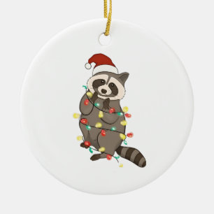 Racoon Merry Christmas Lights Santa Hat Xmas Snow Ceramic Tree Decoration