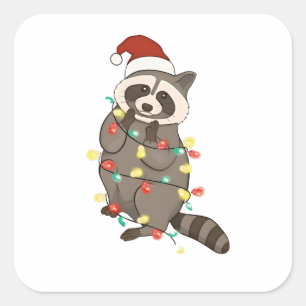 Racoon Merry Christmas Lights Santa Hat Xmas Snow Square Sticker