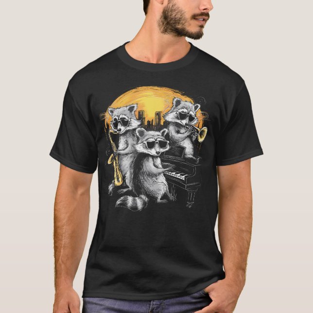 Racoon Music Band Jazz Lover Saxophone Trumpet Pia T-Shirt (Front)