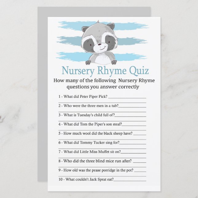 Racoon Nursery Rhyme Quiz baby shower game (Front/Back)