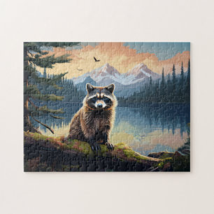 Racoon on a Log Woodland Lake Jigsaw Puzzle