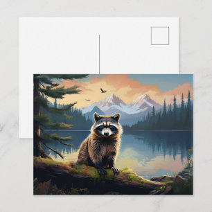 Racoon on a Log Woodland Lake Postcard