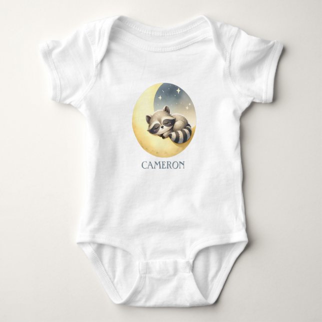 Racoon on a Moon! Adorable Funny Cute Custom Name Baby Bodysuit (Front)