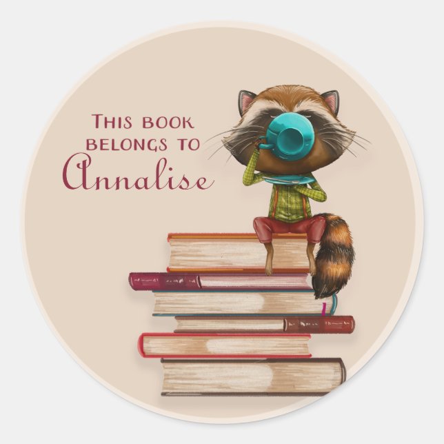 Racoon on a Stack of Books Book Name Plate Classic Round Sticker (Front)