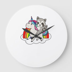 Racoon On Unicorn Rainbow Animals Sweet Unicorns  Large Clock