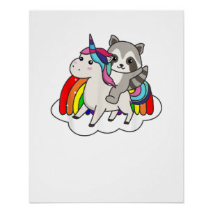 Racoon On Unicorn Rainbow Animals Sweet Unicorns Poster