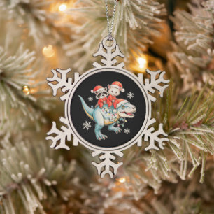 Racoon Opossum Riding T Rex Santa Hat Christmas Snowflake Pewter Christmas Ornament