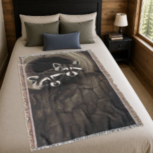 Racoon Pair Tree Hollow Woodland Wildlife Brown Throw Blanket