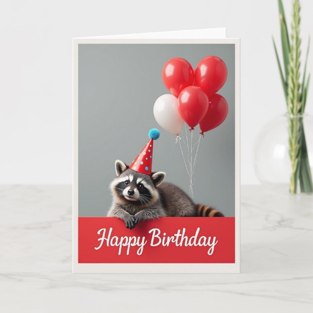Racoon Party Hat Birthday Card (Front)
