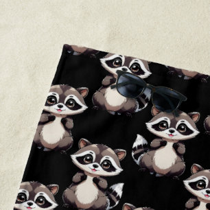 Racoon Pattern Design Black Beach Towel
