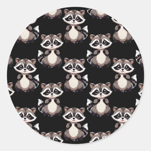 Racoon Pattern Design Black  Classic Round Sticker (Front)