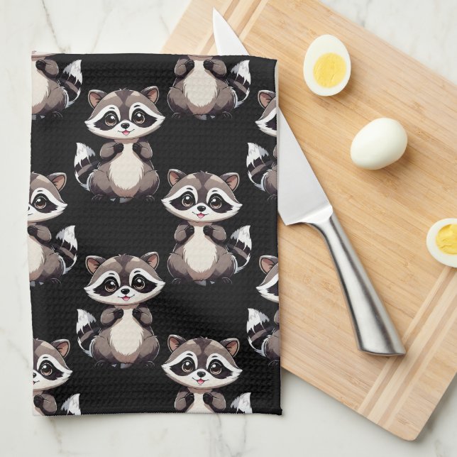 Racoon Pattern Design Black  Tea Towel (Quarter Fold)