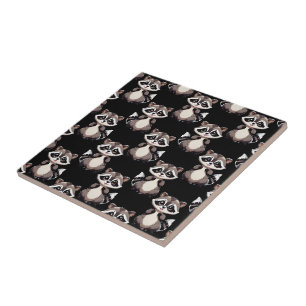 Racoon Pattern Design Black Tile