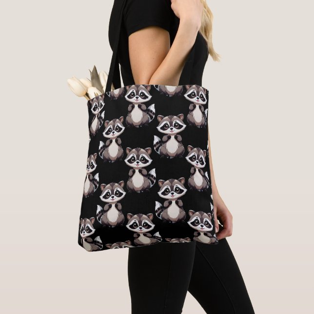 Racoon Pattern Design Black  Tote Bag (Close Up)