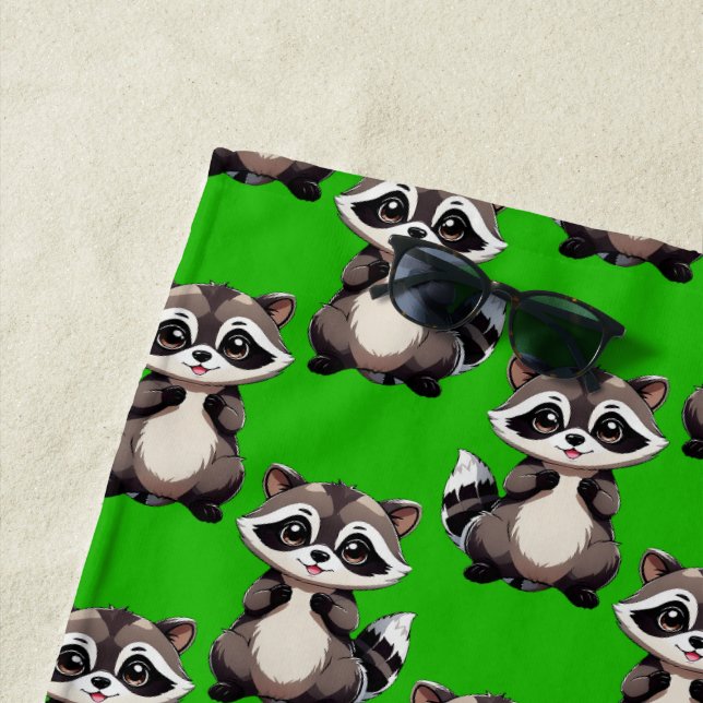 Racoon Pattern Design Green  Beach Towel (In Situ)