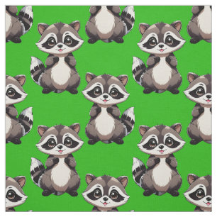 Racoon Pattern Design Green Fabric