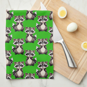 Racoon Pattern Design Green Tea Towel