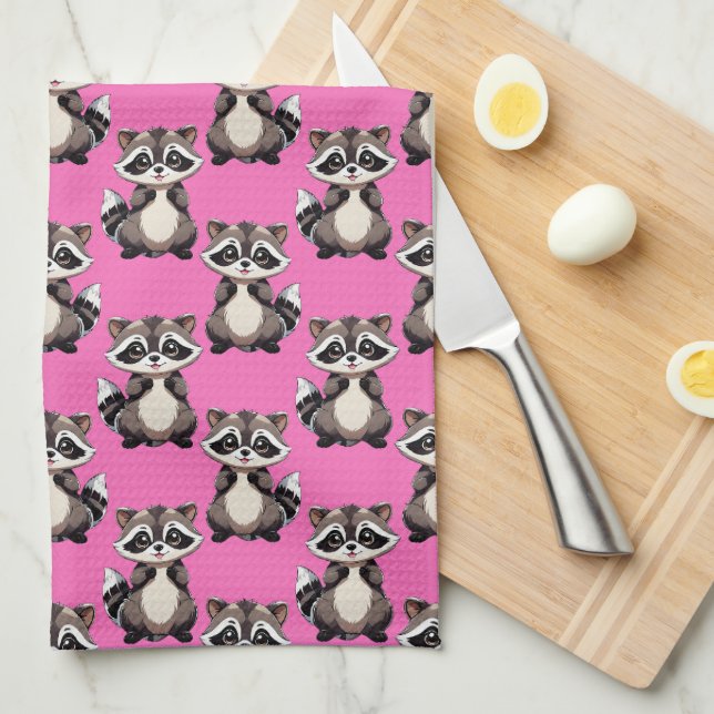 Racoon Pattern Design Pink  Tea Towel (Quarter Fold)
