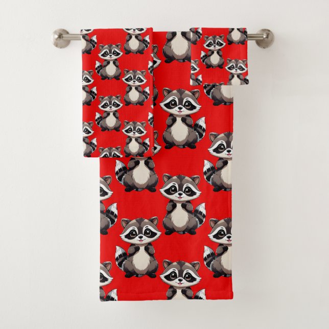 Racoon Pattern Design Red  Bath Towel Set (Insitu)