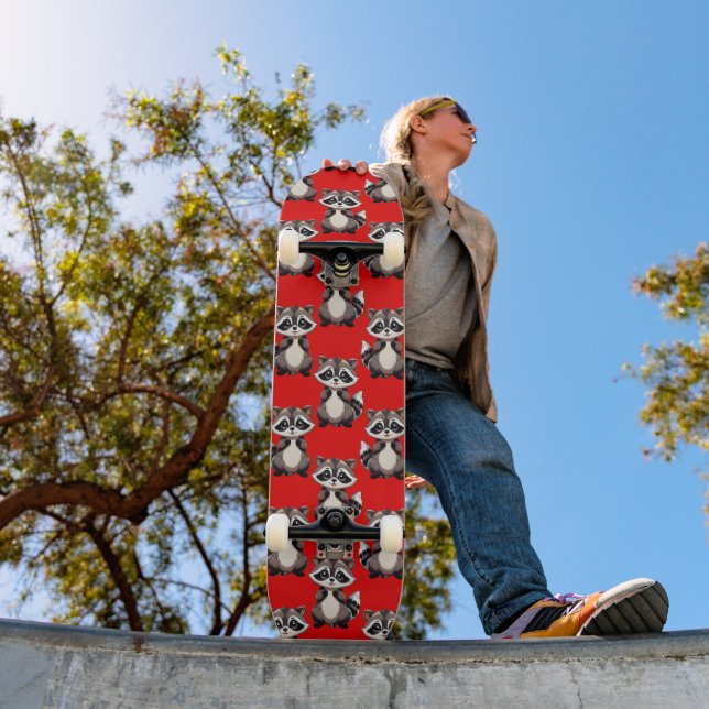 Racoon Pattern Design Red  Skateboard (Outdoor 1)