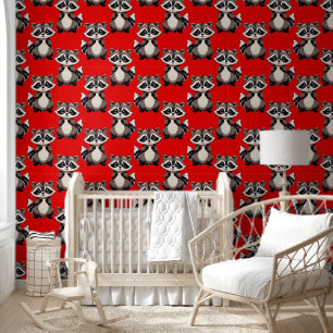 Racoon Pattern Design Red  Wallpaper