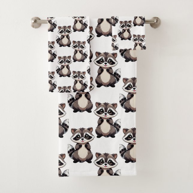 Racoon Pattern Design White  Bath Towel Set (Insitu)