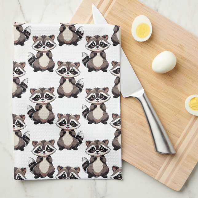 Racoon Pattern Design White  Tea Towel (Quarter Fold)
