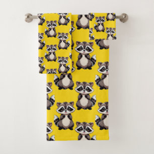 Racoon Pattern Design Yellow  Bath Towel Set