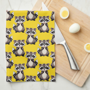 Racoon Pattern Design Yellow  Tea Towel
