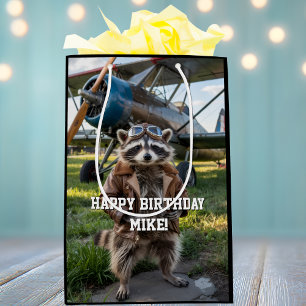 Racoon Pilot Aeroplane Funny Photo Birthday Custom Medium Gift Bag