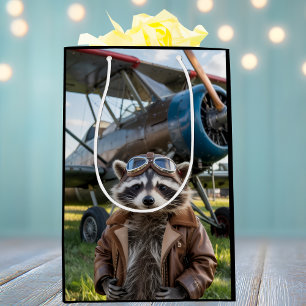 Racoon Pilot Aeroplane Funny Photo Birthday Medium Gift Bag