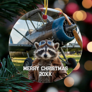Racoon Pilot Aeroplane Funny Photo Christmas Ceramic Tree Decoration