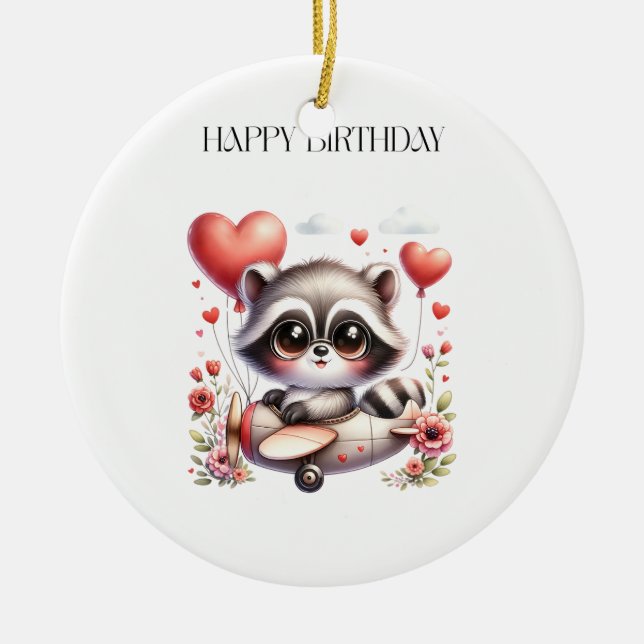 Racoon Pilot Birthday Ceramic Tree Decoration (Front)