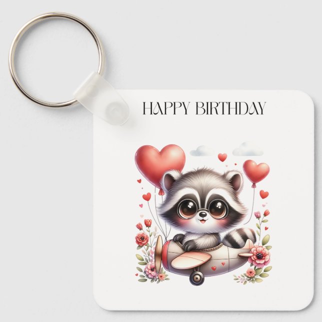 Racoon Pilot Birthday Key Ring (Front)