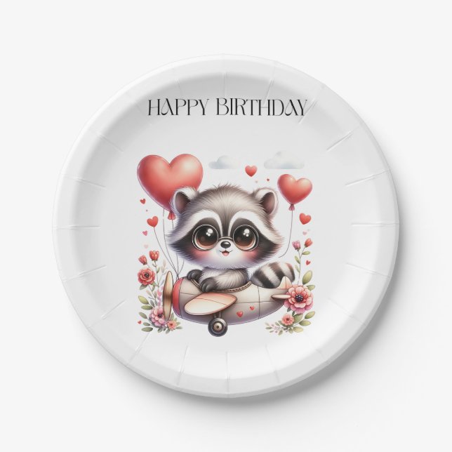 Racoon Pilot Birthday Paper Plate (Front)
